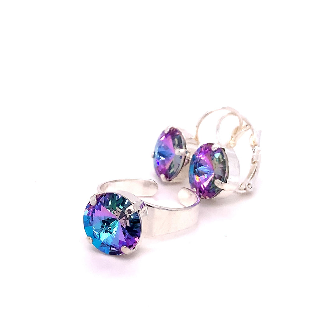 CLASSIC SINGLE DROP EARRING AND RING SET SILVER/TURQUOISE BLUE-LILAC