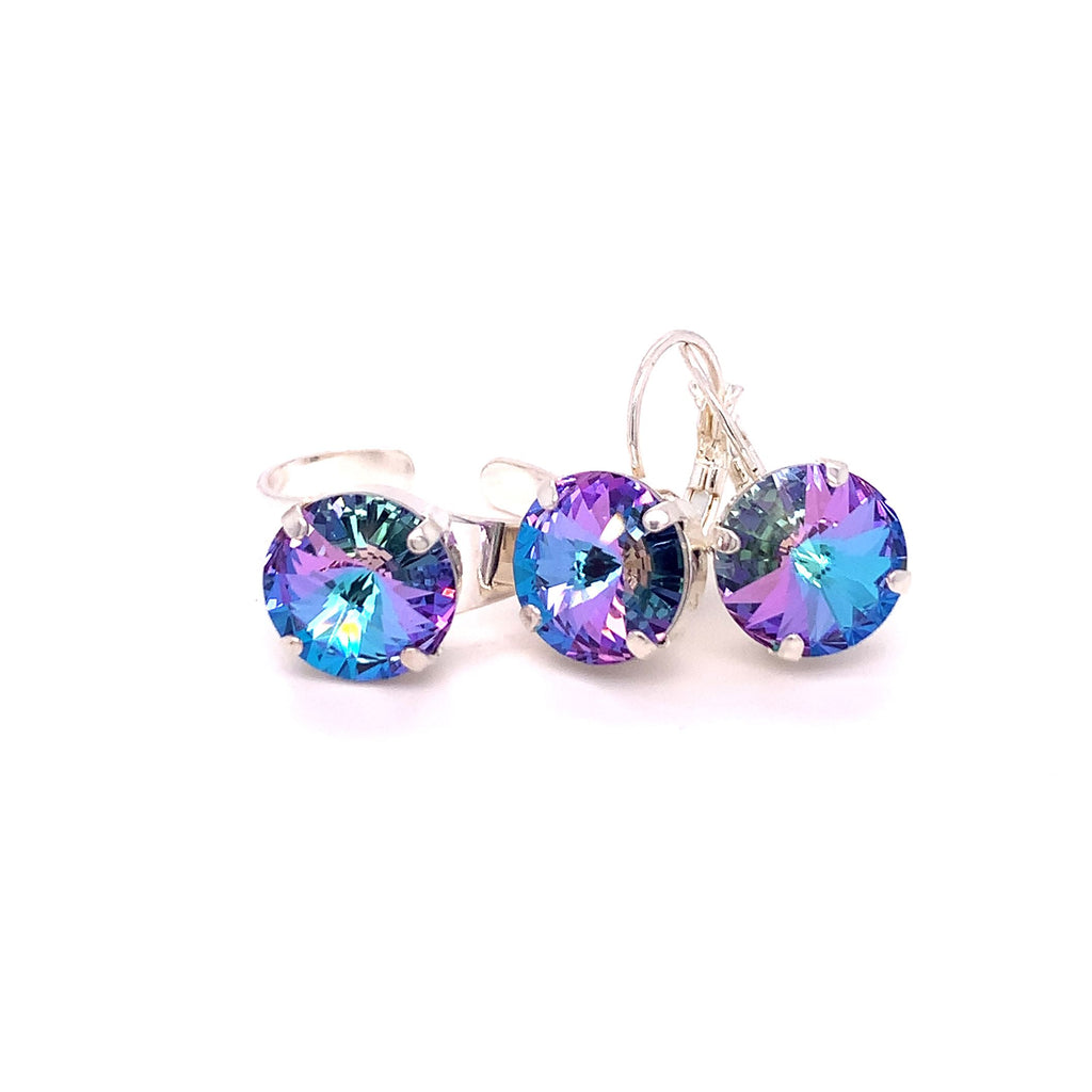 CLASSIC SINGLE DROP EARRING AND RING SET SILVER/TURQUOISE BLUE-LILAC
