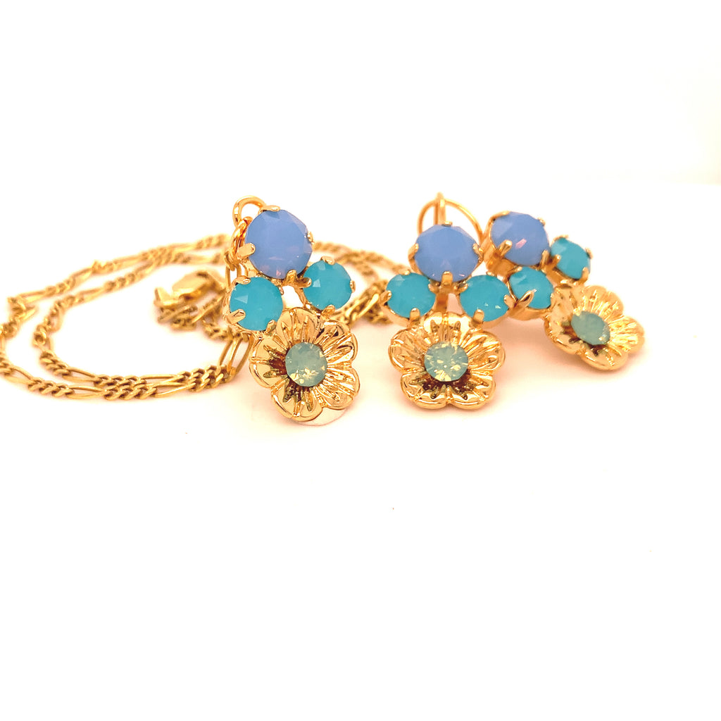 BLUE BUTTER CUP PENDANT NECKLACE. DROP EARRINGS SOLD SEPARATELY.